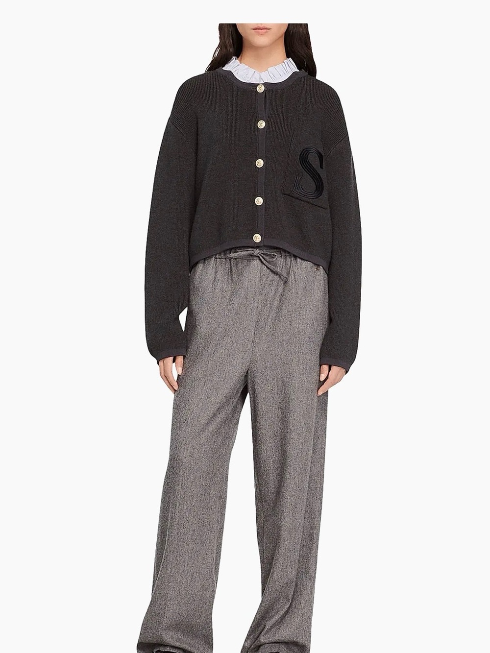 Sandro Dark Grey Embroidered 'S' Cardigan with Blue Ruffle Collar - Picture 2 of 5